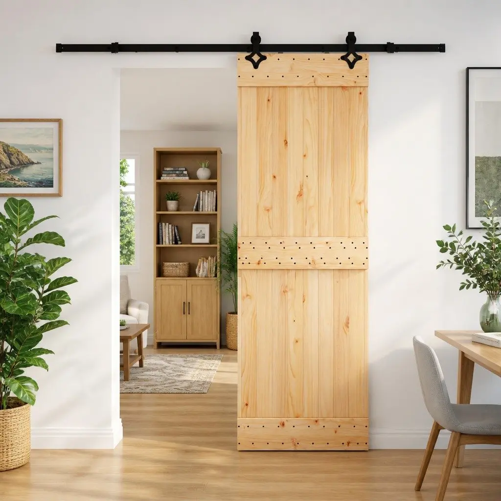 Room Divider Sliding Door 70x210cm Natural Pine Wood Black Steel Track