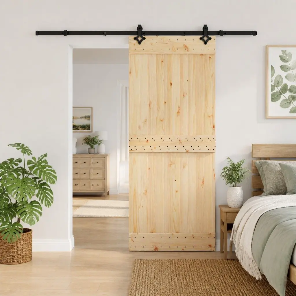 Sliding Door Modern Room Divider 85x210cm Natural Pine Wood Black Track
