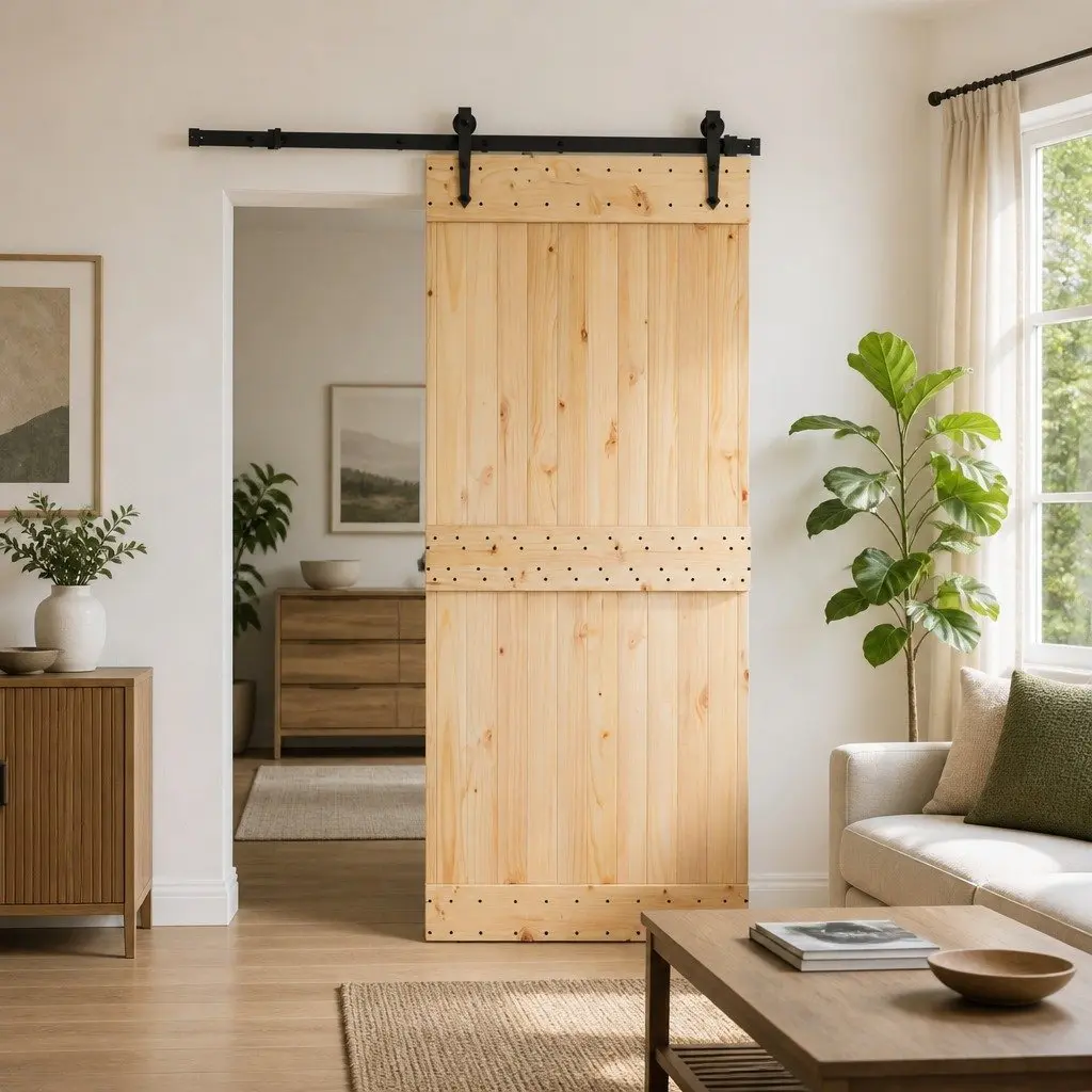 Sliding Door Natural Pine Wood Black Track 85 x 210 cm Modern Room Divider