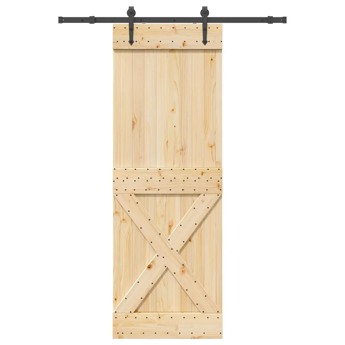 Sliding Door Natural Pine Wood Black Track Modern Room Divider Space-Saving