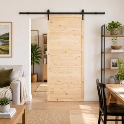 80 x 208 cm Sliding Door in Solid Pine Wood with Black Track