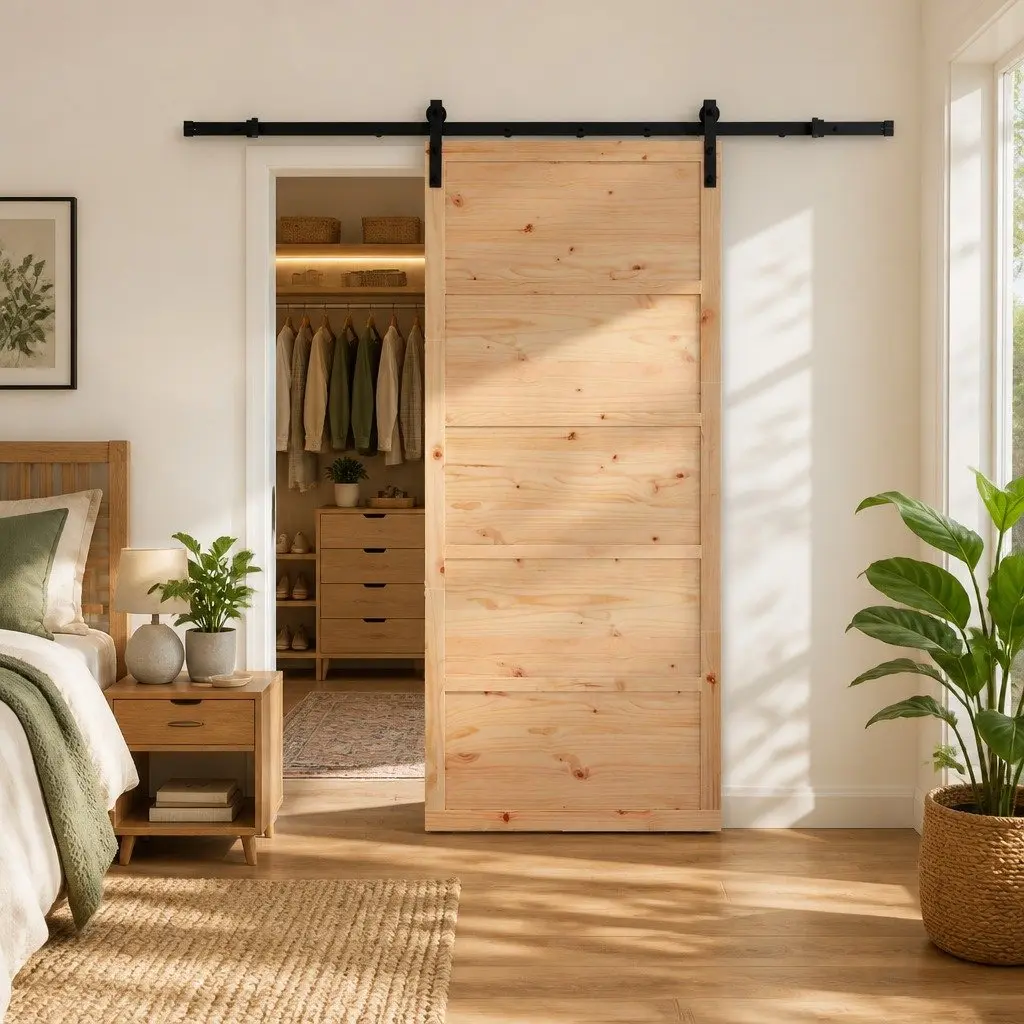 Solid Pine Wood Sliding Door 80 x 208 cm Natural Brown Top Track Space-Saving