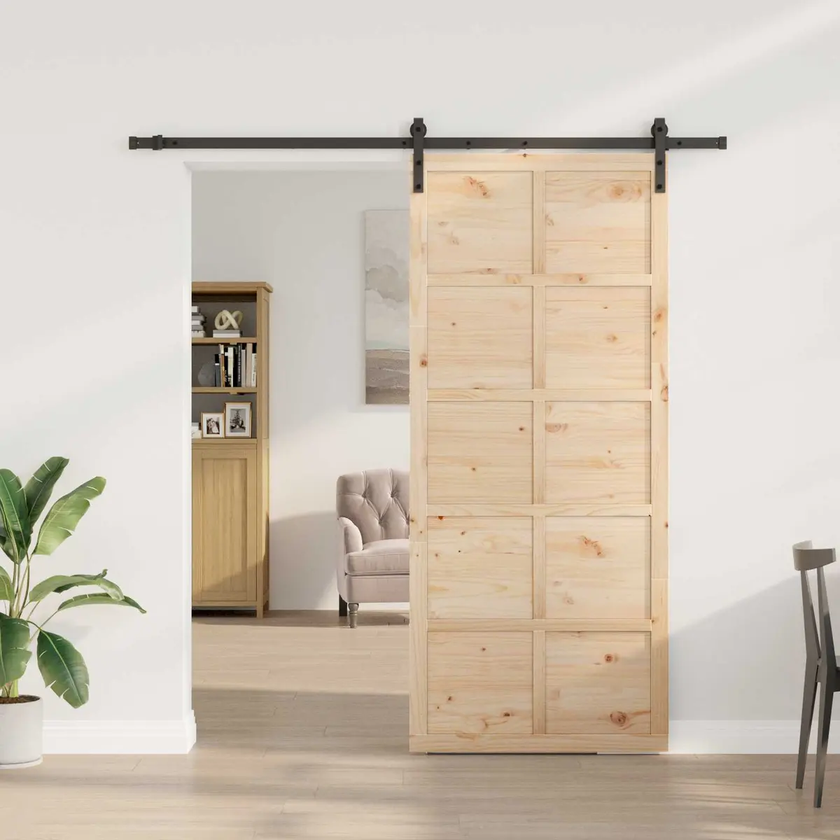 Sliding Door Natural Solid Pine Wood Brown 90 x 208 cm Space-Saving Room Divider