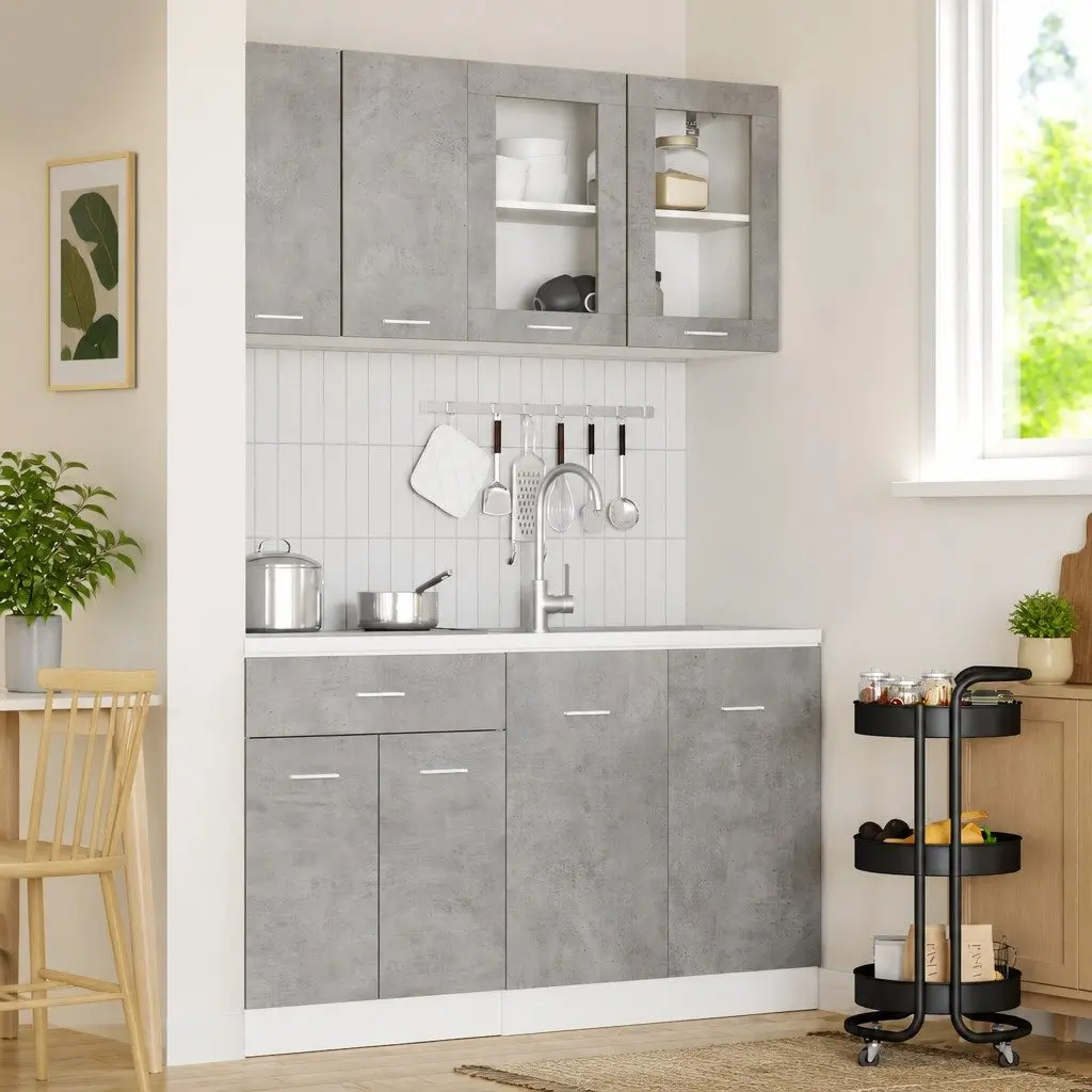 Kitchen Cabinet Set 4 Piece Grey Storage Unit Engineered Wood Drawers Shelves