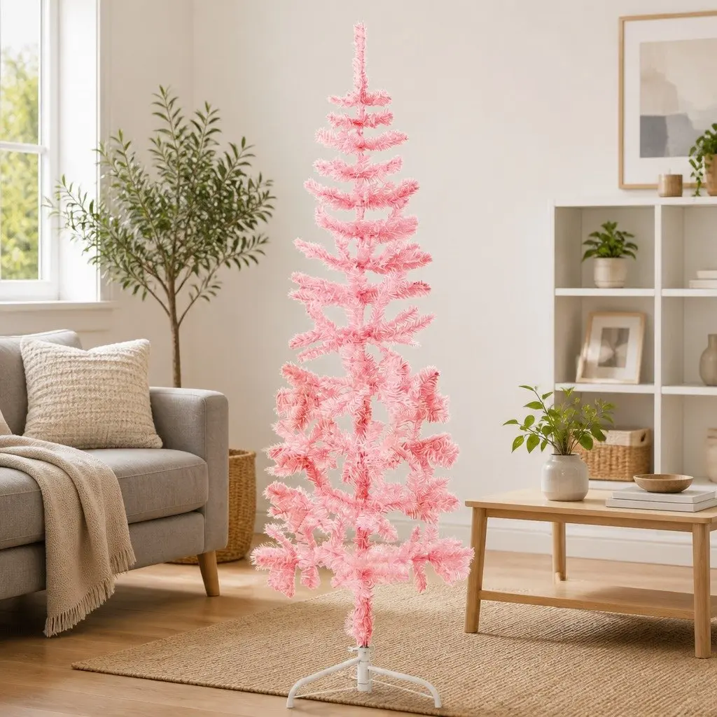 Half Christmas Tree Slim Artificial Home Decor 150cm Pink