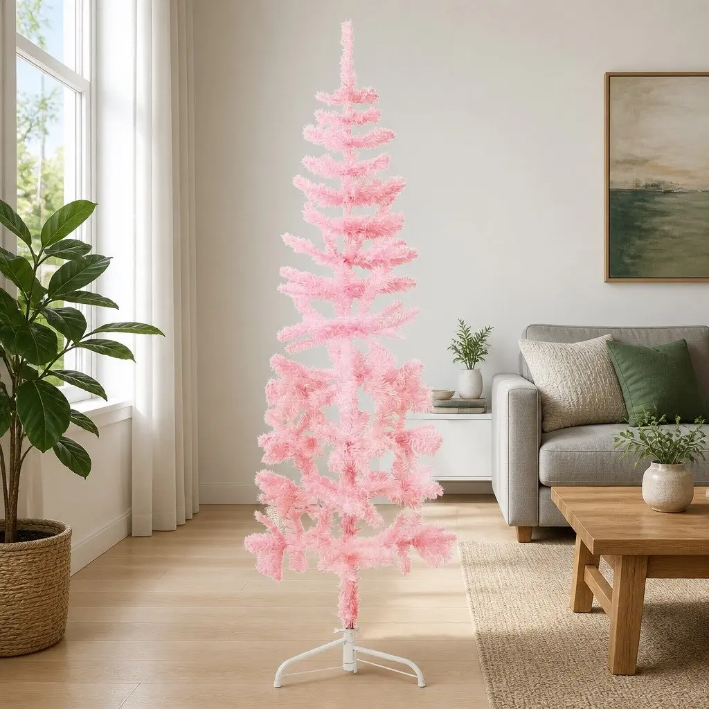 Slim Artificial Half Christmas Tree for Holiday Decor 180cm Pink