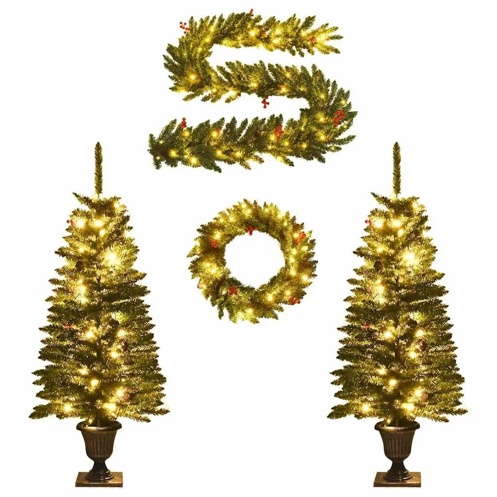 Artificial Christmas Tree Set 2 Pieces for Holiday Decoration with Wreath and Garland LED Lights
