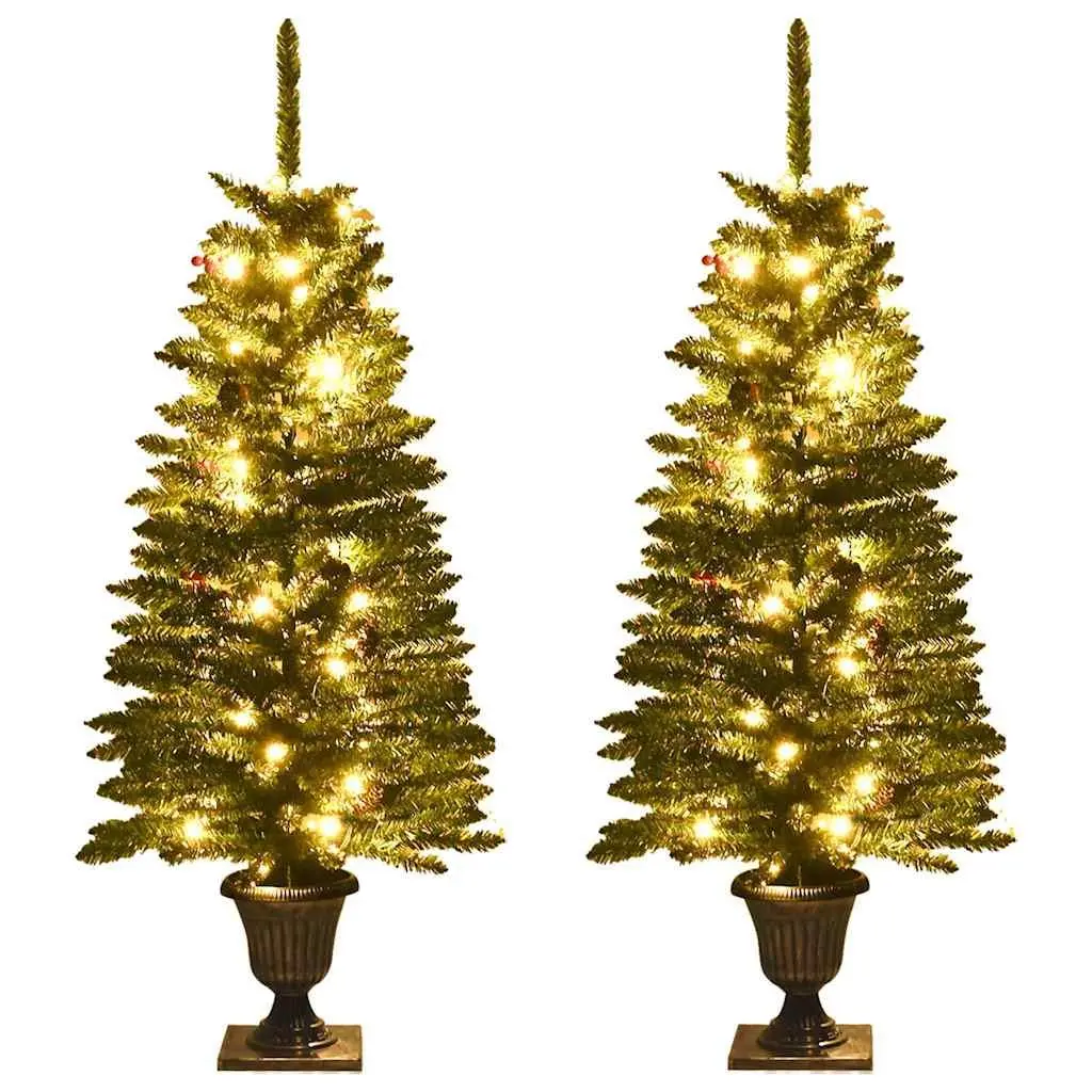Artificial Christmas Tree Set 2 Pieces for Holiday Decoration with Wreath and Garland LED Lights