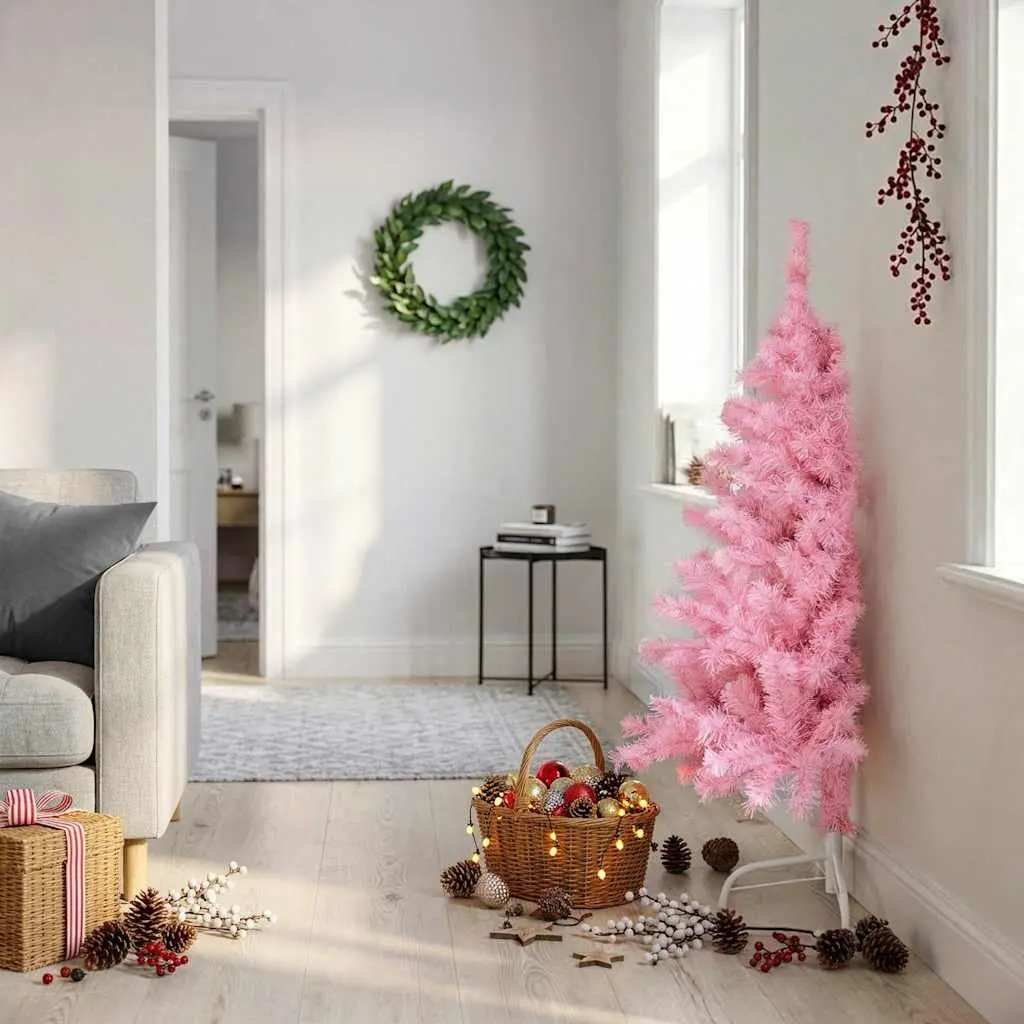 Half-Round Pink Christmas Tree with Steel Stand, 120 cm