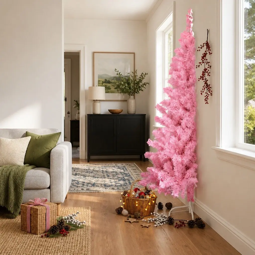 Artificial Half Christmas Tree for Wall Space Saving Pink 240cm