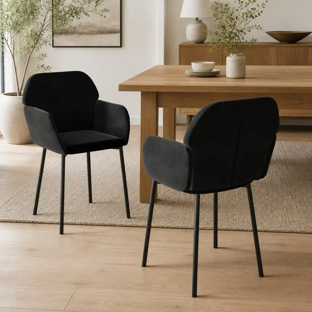 Dining Chairs 2 pcs Black Velvet Kitchen Seat Armrest Backrest Padded Foam