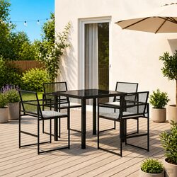 5-Piece Black Poly Rattan Dining Set with Glass Tabletop
