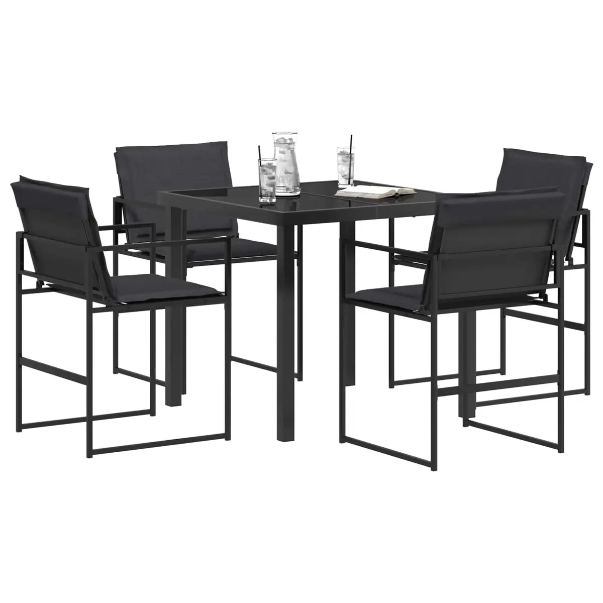 Outdoor Dining Set Garden Use 5 Piece Black Steel Frame Tempered Glass