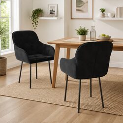Black Velvet Dining Chairs - 2 Pieces with Armrests