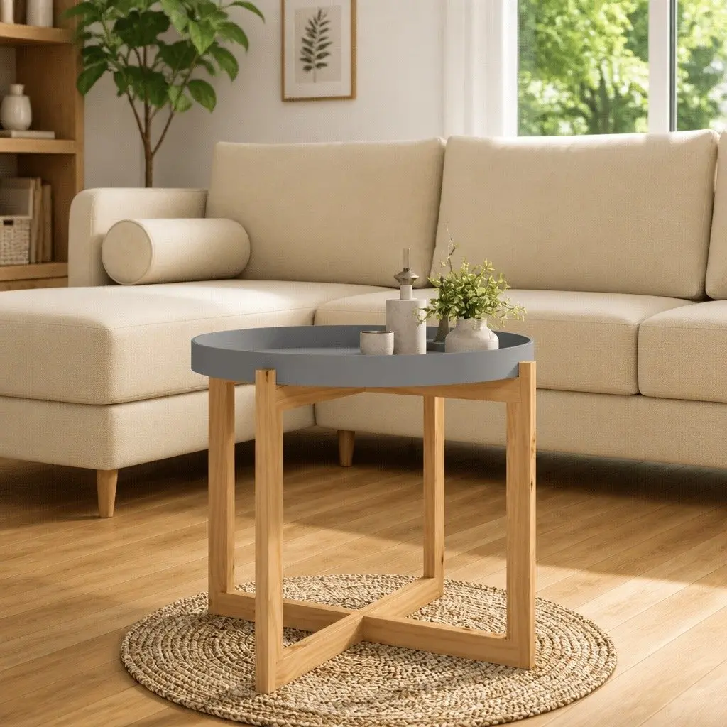 Coffee Table for Living Room Grey Engineered Wood 53x53x43.5cm Solid Pinewood Feet