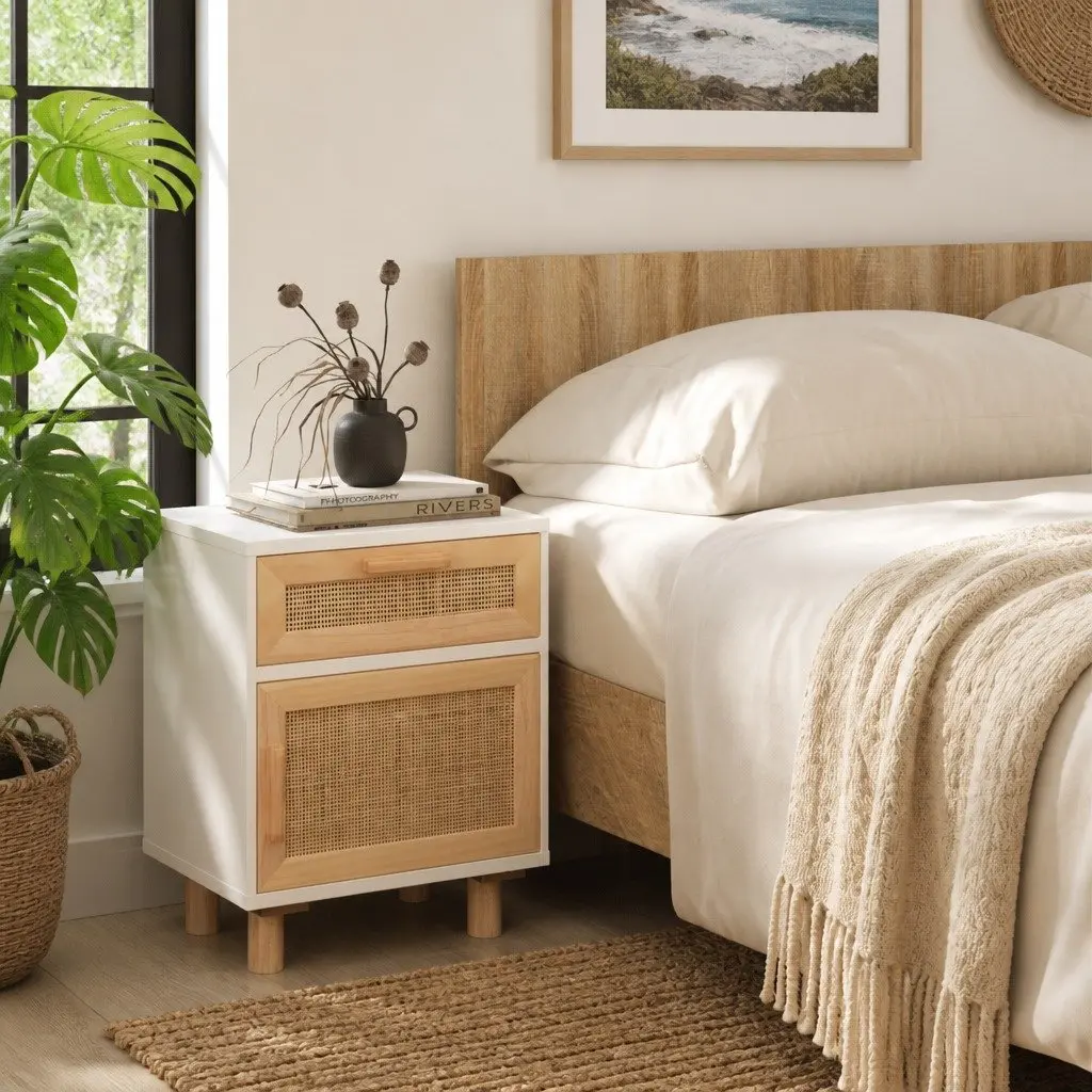 Bedside Table White Engineered Wood Rattan Weaving Storage Compartment