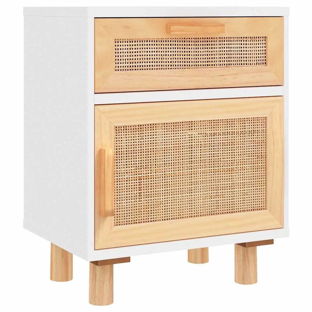 Bedside Table White Engineered Wood Rattan Weaving Storage Compartment