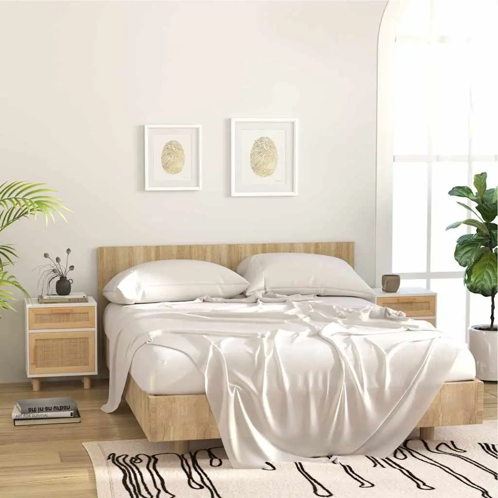 Bedside Table White Engineered Wood Rattan Weaving Storage Compartment