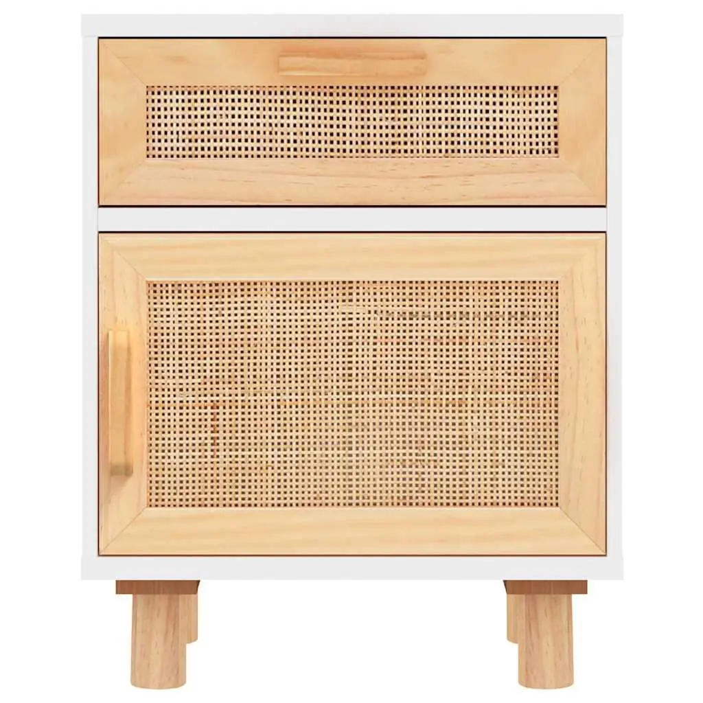 Bedside Table White Engineered Wood Rattan Weaving Storage Compartment