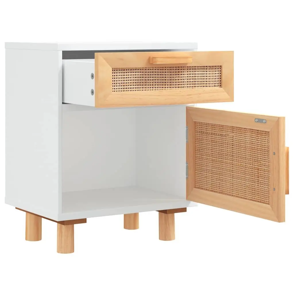Bedside Table White Engineered Wood Rattan Weaving Storage Compartment