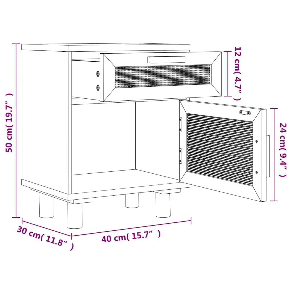 Bedside Table White Engineered Wood Rattan Weaving Storage Compartment