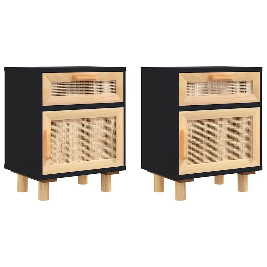 Bedside Cabinet Set 2 Pcs Black Solid Pine Wood Rattan Nightstand Storage Drawer