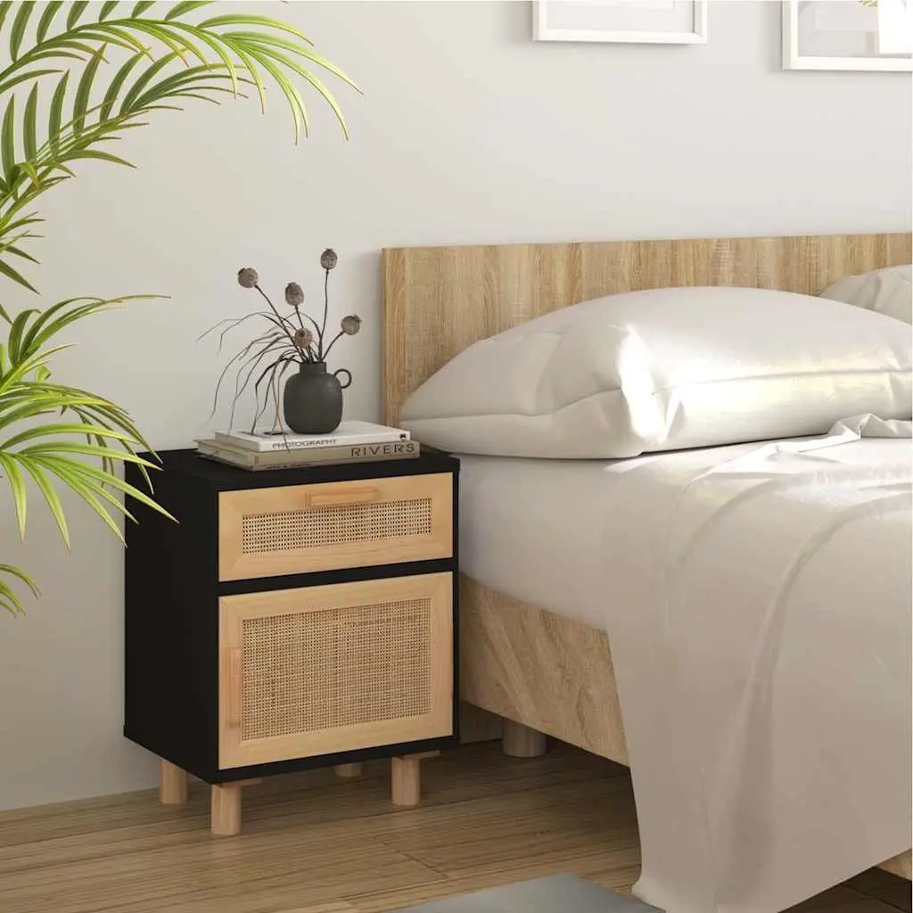 Bedside Cabinet Set 2 Pcs Black Solid Pine Wood Rattan Nightstand Storage Drawer