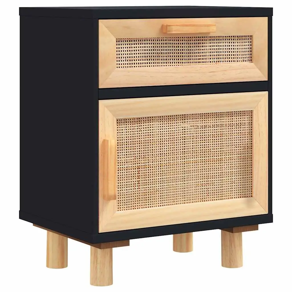 Bedside Cabinet Set 2 Pcs Black Solid Pine Wood Rattan Nightstand Storage Drawer