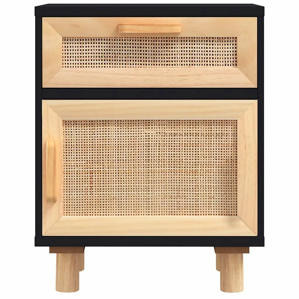 Bedside Cabinet Set 2 Pcs Black Solid Pine Wood Rattan Nightstand Storage Drawer