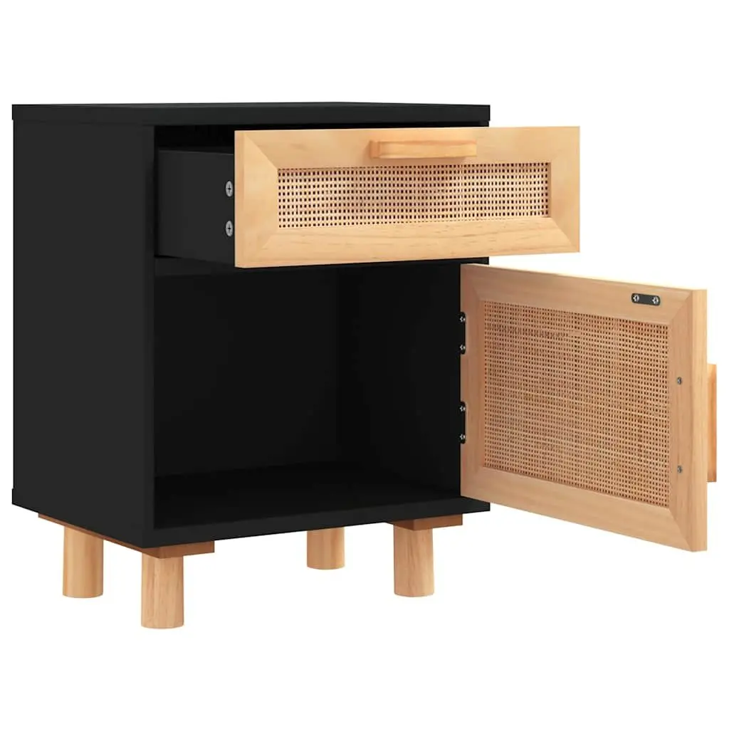 Bedside Cabinet Set 2 Pcs Black Solid Pine Wood Rattan Nightstand Storage Drawer