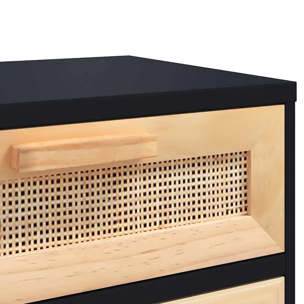 Bedside Cabinet Set 2 Pcs Black Solid Pine Wood Rattan Nightstand Storage Drawer