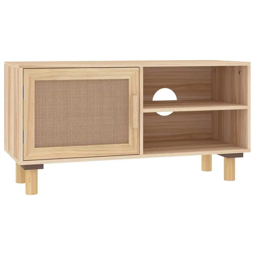 TV Cabinet for Living Room Brown 80 x 30 x 40 cm with 3 Compartments Rattan Door Solid Wood Feet