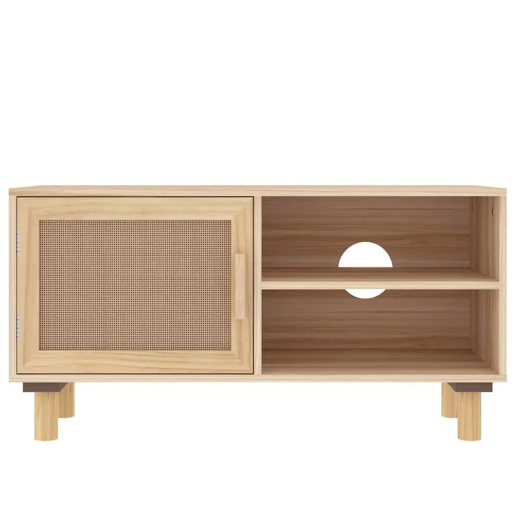 TV Cabinet for Living Room Brown 80 x 30 x 40 cm with 3 Compartments Rattan Door Solid Wood Feet