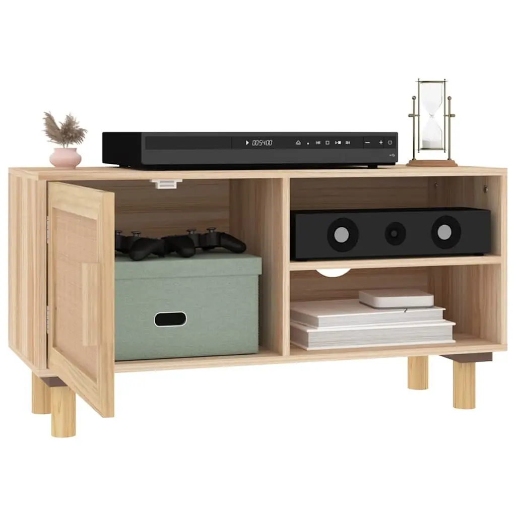 TV Cabinet for Living Room Brown 80 x 30 x 40 cm with 3 Compartments Rattan Door Solid Wood Feet