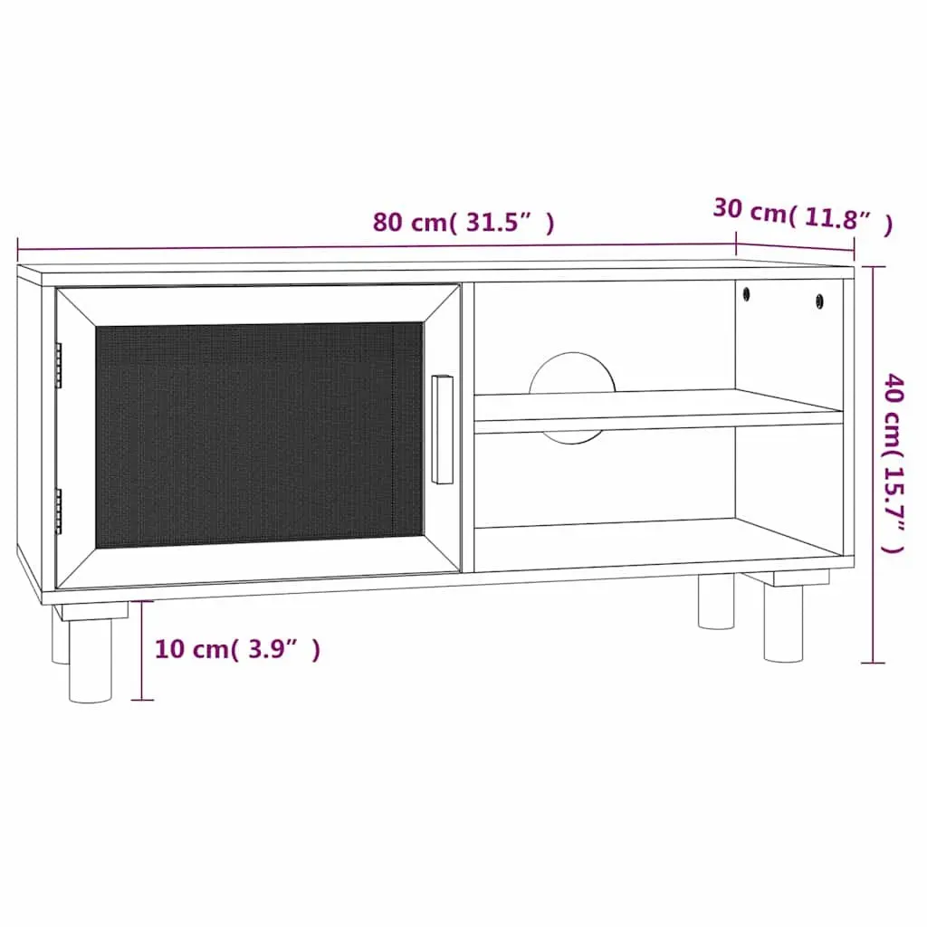 TV Cabinet for Living Room Brown 80 x 30 x 40 cm with 3 Compartments Rattan Door Solid Wood Feet