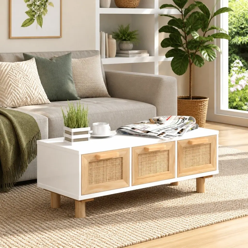 Coffee Table Living Room White 80x40x30cm 3 Drawers Rattan Weaving Storage