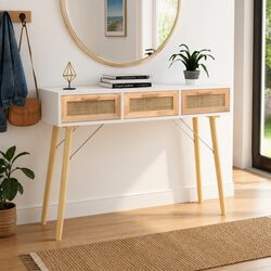 Console Table White 105x30x75cm Solid Wood Pine Rattan Drawers End Table
