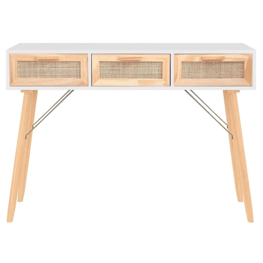 Console Table White Living Room 105x30x75cm Solid Wood Pine Rattan Drawers