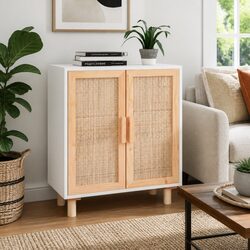 White Storage Sideboard Dimensions 60x30x70 cm, Rattan Doors