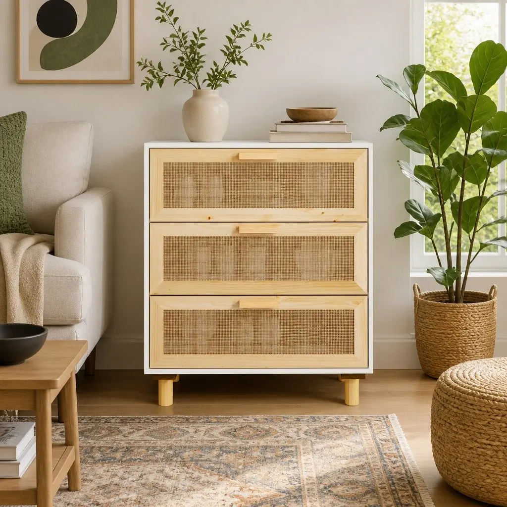Sideboard White 60x30x70 cm Storage Cabinet with Drawers and Rattan Weaving