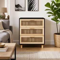 Black Sideboard Cabinet with Rattan Design - 60x30x70cm