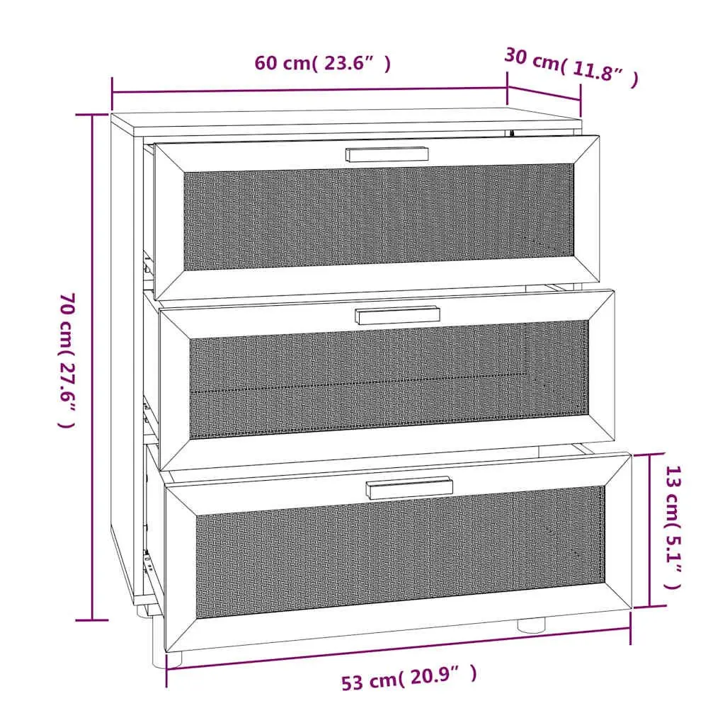 Sideboard Storage Cabinet with 3 Drawers Rattan Design Black 60x30x70cm
