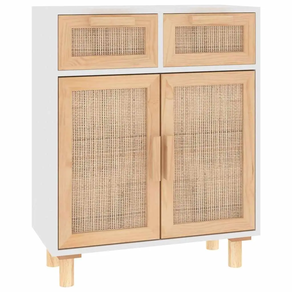 Sideboard Cabinet for Living Room 60W x 30D x 75H cm White with 2 Drawers Rattan Door Natural Wood Feet