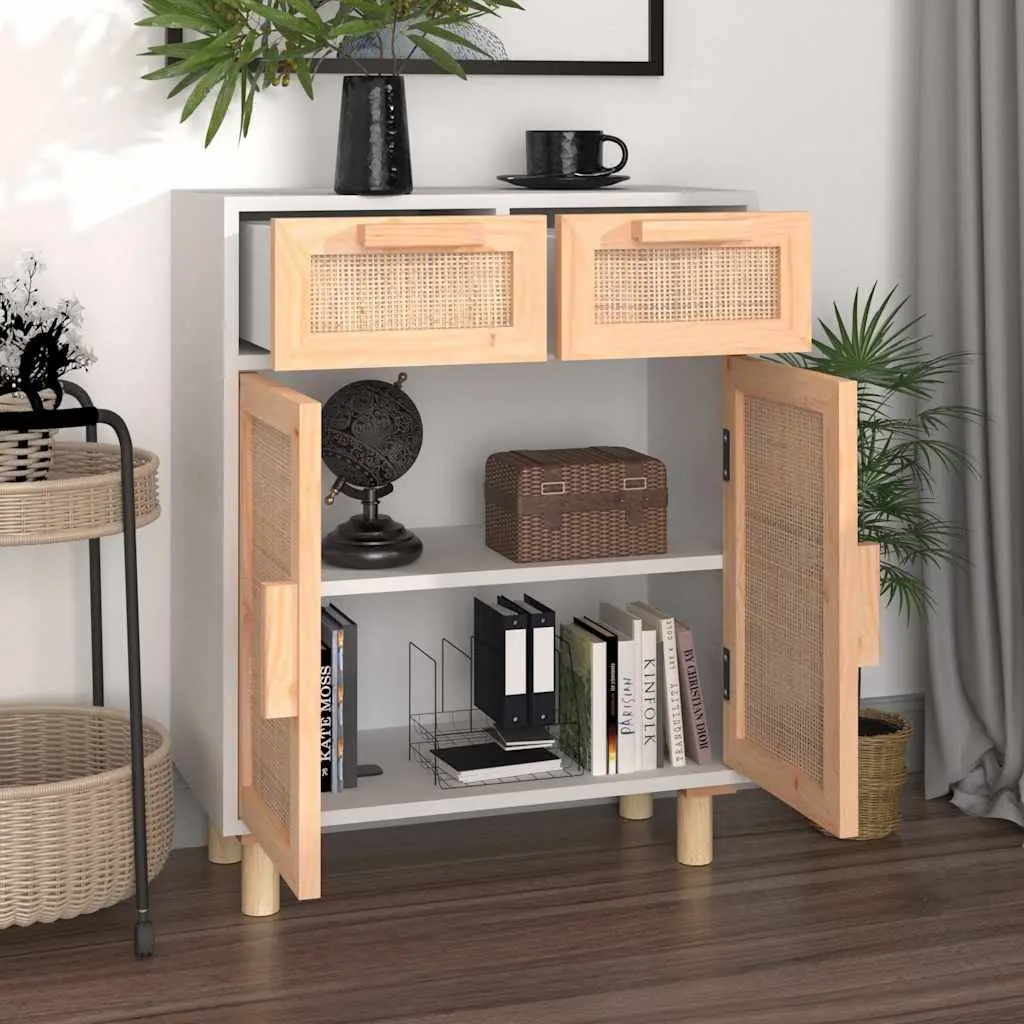 Sideboard Cabinet for Living Room 60W x 30D x 75H cm White with 2 Drawers Rattan Door Natural Wood Feet