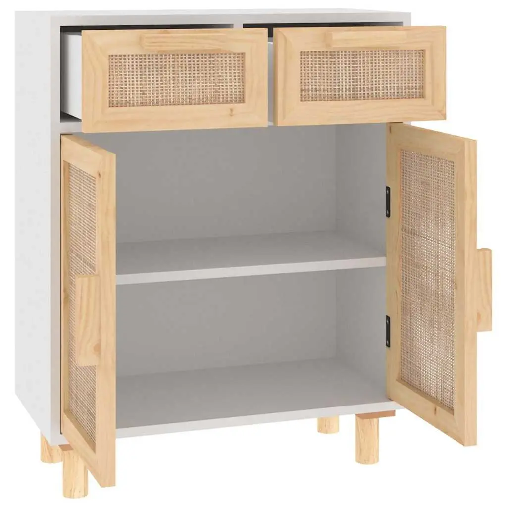 Sideboard Cabinet for Living Room 60W x 30D x 75H cm White with 2 Drawers Rattan Door Natural Wood Feet