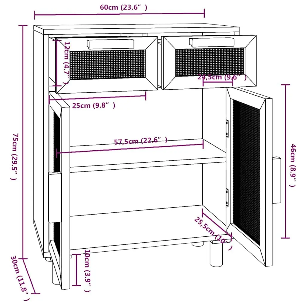 Sideboard Cabinet for Living Room 60W x 30D x 75H cm White with 2 Drawers Rattan Door Natural Wood Feet