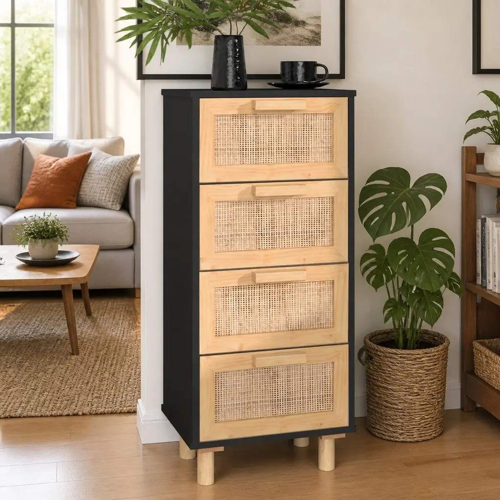 40x30x90cm Black Sideboard with Rattan Weaving