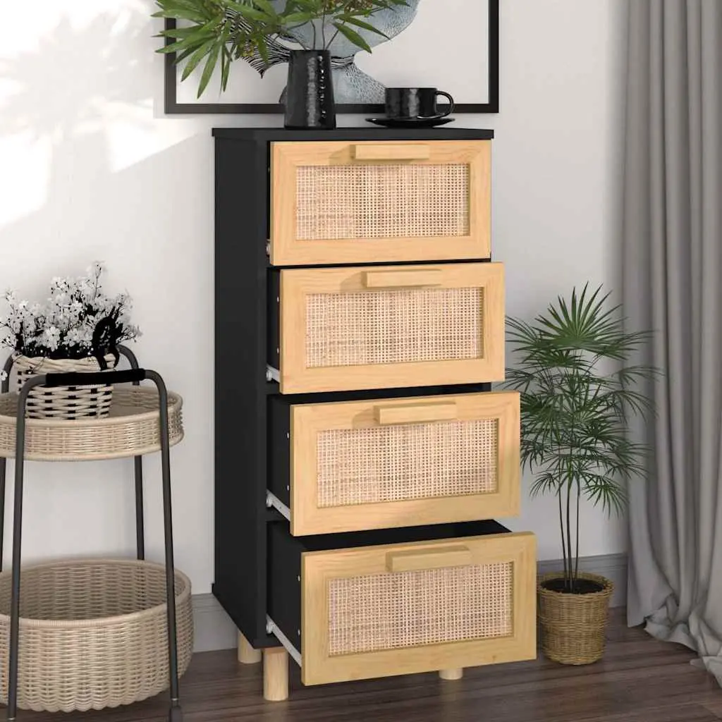 40x30x90cm Black Sideboard with Rattan Weaving