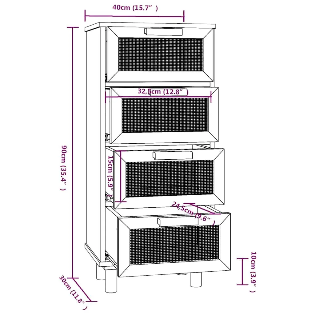 40x30x90cm Black Sideboard with Rattan Weaving