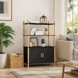 Highboard Storage Cabinet Specifications: Black Engineered Wood